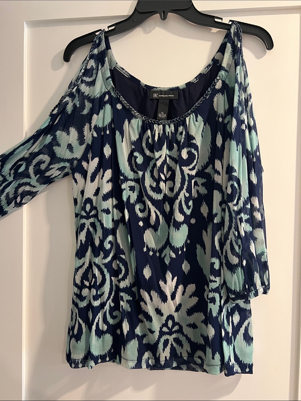 INC International Concepts Navy & Mint Cold-Shoulder Blouse